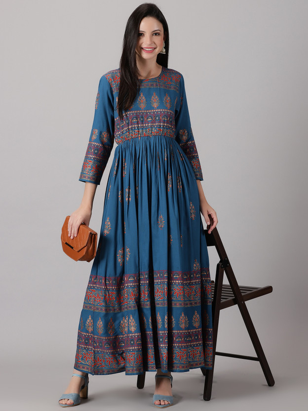 Women Fit and Flare Dark Blue Ankle Length Dress