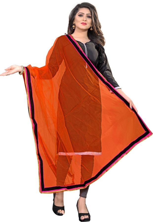 Net Self Design Orange Women Dupatta