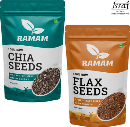 Ramam Chia & Flax Seeds Combo | High Dietary Fiber & Protein |Omega 3| Black Chia Seeds, Brown Flax Seeds  (2 x 250 g)