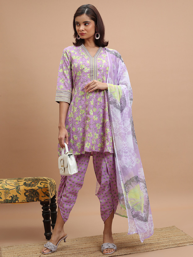 Women Cotton Blend Kurta Dhoti Pant Dupatta Set