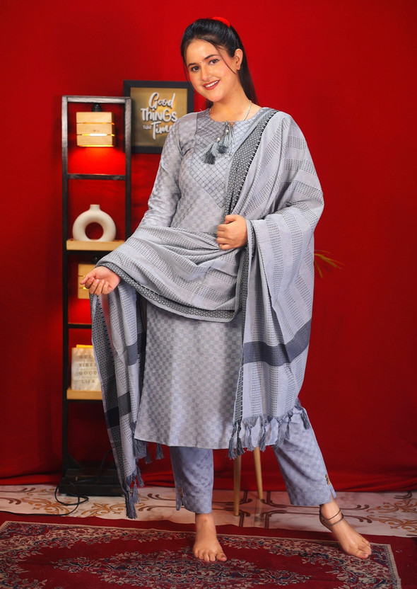 Women Cotton Blend Kurti Pant Dupatta Set
