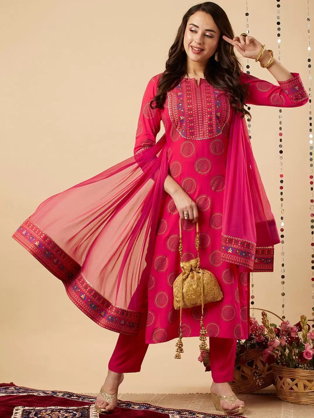 Women Viscose Rayon Kurti Pant Dupatta Set