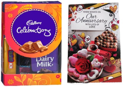 Cadbury Mini Chocolate With Anniversary Greeting Card ForYour Partners Combo  (Anniversary Greeting Card 1, Celebractions Rich Day Fruit Chocolate -1)