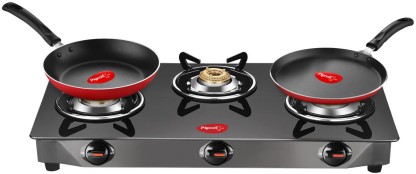 Pigeon Gas Stove Combo - Brunet 3 Burner Gas Cooktop + Flat tawa 250 + Fry Pan 240 Stainless Steel Manual Gas Stove  (3 Burners)