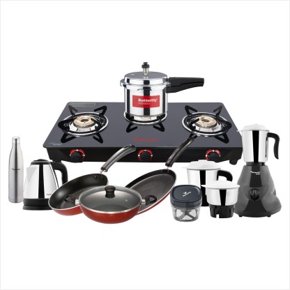 Butterfly Family Kitchen 9pcs Set Glass Manual Gas Stove  (3 Burners)