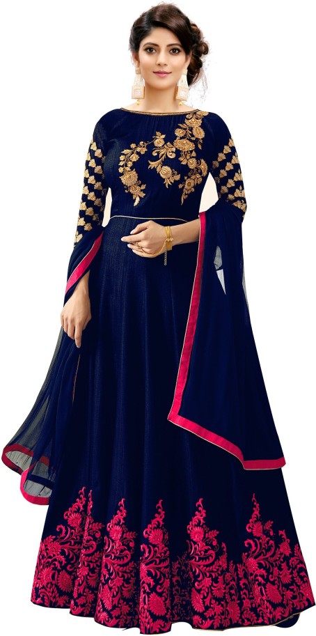 Embroidered Silk Blend Semi Stitched Anarkali Gown  (Dark Blue)