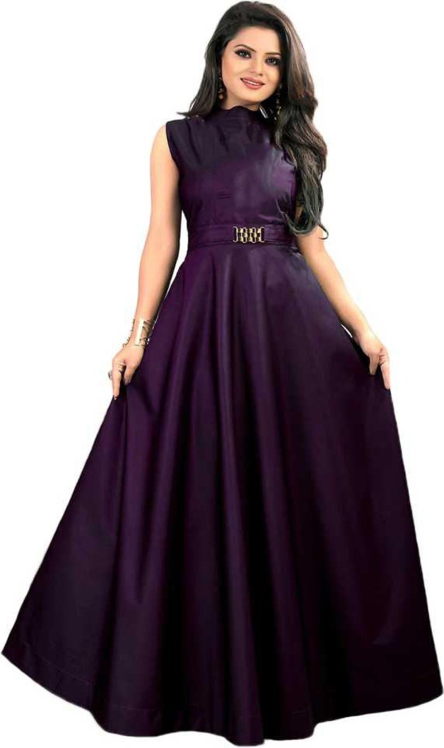 Self Design Satin Blend Stitched Anarkali Gown  (Purple)