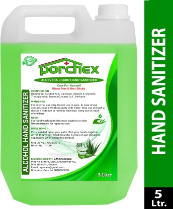 Porchex Aloe Vera Based Liquid 72% Alcohol Based (Kills 99.99% Germs & Flu Viruses) Can  Anti-Bacterial  Hand Sanitizer Can  (5000 ml)