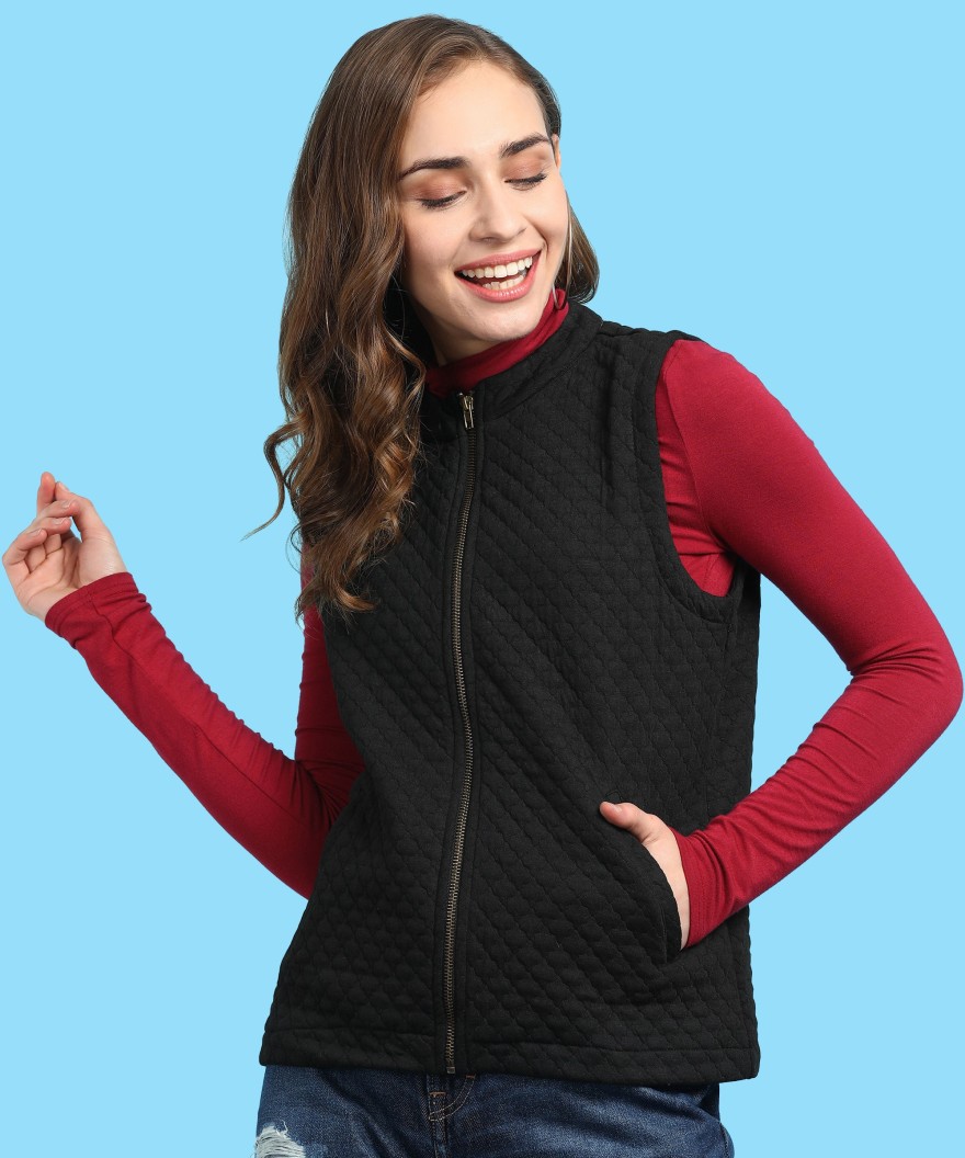 Sleeveless Self Design Women Casual Jacket