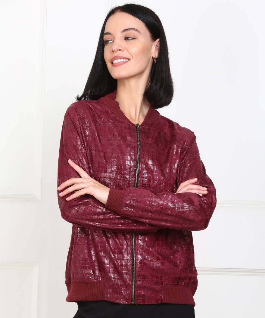 Full Sleeve Checkered Women Bomber Jacket