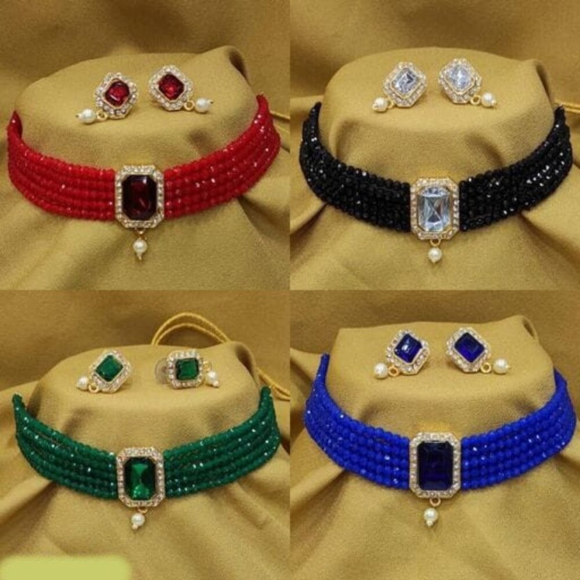 Crystal Gold-plated Jewel Set  (Red, Black, Green, Blue)