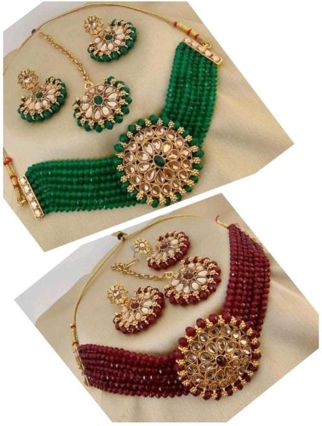 Alloy Gold-plated Jewel Set  (Green, Maroon)