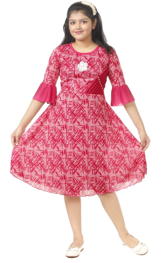 Girls Below Knee Casual Dress  (Pink, Fashion Sleeve)