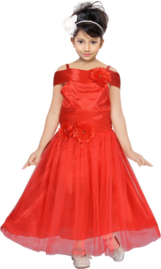 Girls Maxi/Full Length Party Dress  (Red, Short Sleeve)