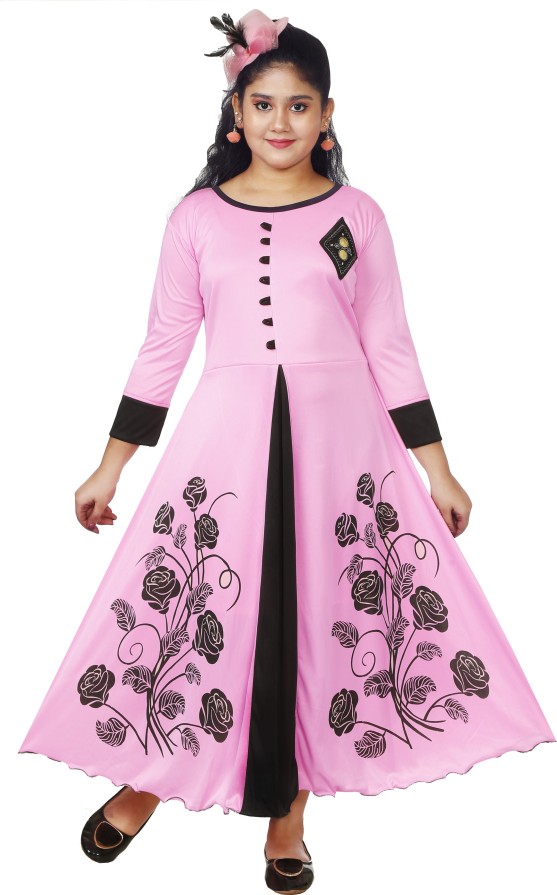 Girls Maxi/Full Length Party Dress  (Pink, 3/4 Sleeve)