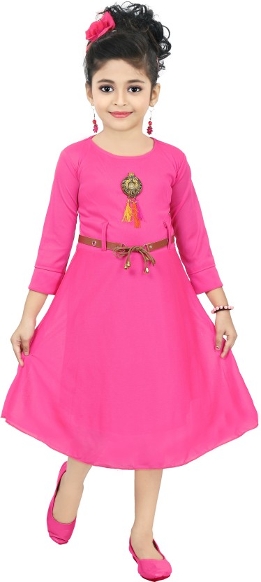 Girls Below Knee Casual Dress  (Pink, 3/4 Sleeve)