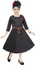 Girls Below Knee Casual Dress  (Black, 3/4 Sleeve)