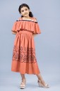 Girls Calf Length Casual Dress  (Orange, Half Sleeve)