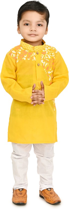 Boys Festive & Party Kurta and Pyjama Set  (Yellow Pack of 1)