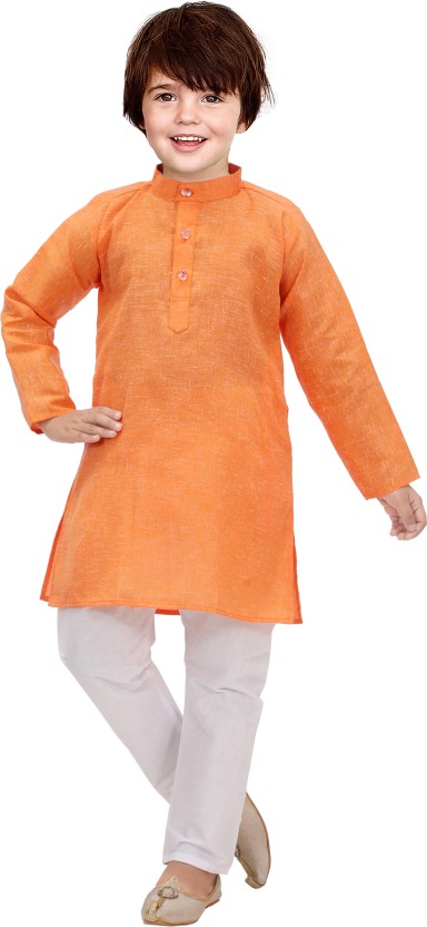 Boys Festive & Party Kurta and Pyjama Set  (Orange Pack of 1)