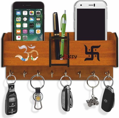 WRIFFY Wooden 2 Pocket Pen Stand 8 Hook Wood Key Holder  (8 Hooks)