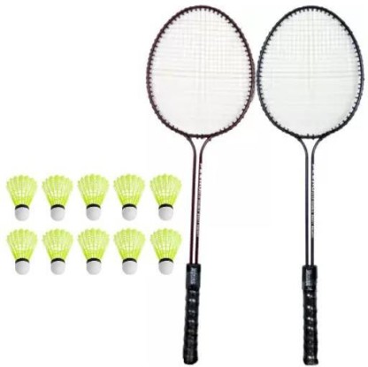 Monika Sports Pair of Double Shaft Racquets with 10 pc Shuttle Badminton Kit