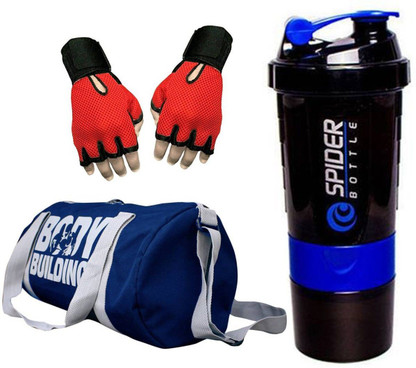 Rocket Sales Combo of Bodybuilding Blue Bag , Gloves Red And Spider Shaker Purple For GYM Fitness Accessory Kit Kit