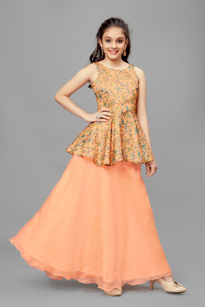 Girls Lehenga Choli Ethnic Wear Floral Print Lehenga Choli  (Orange, Pack of 1)