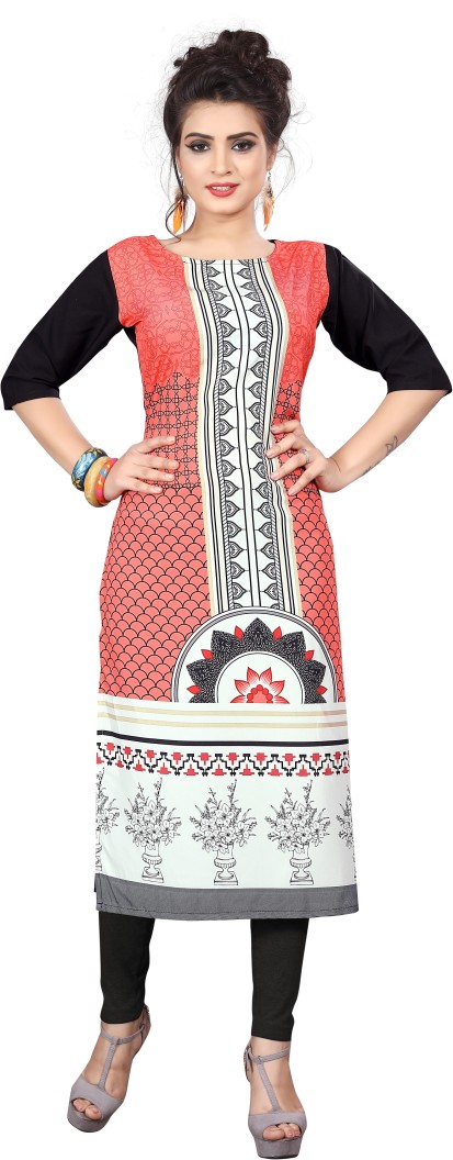 Women Printed Poly Crepe Straight Kurta  (White, Pink, Black)