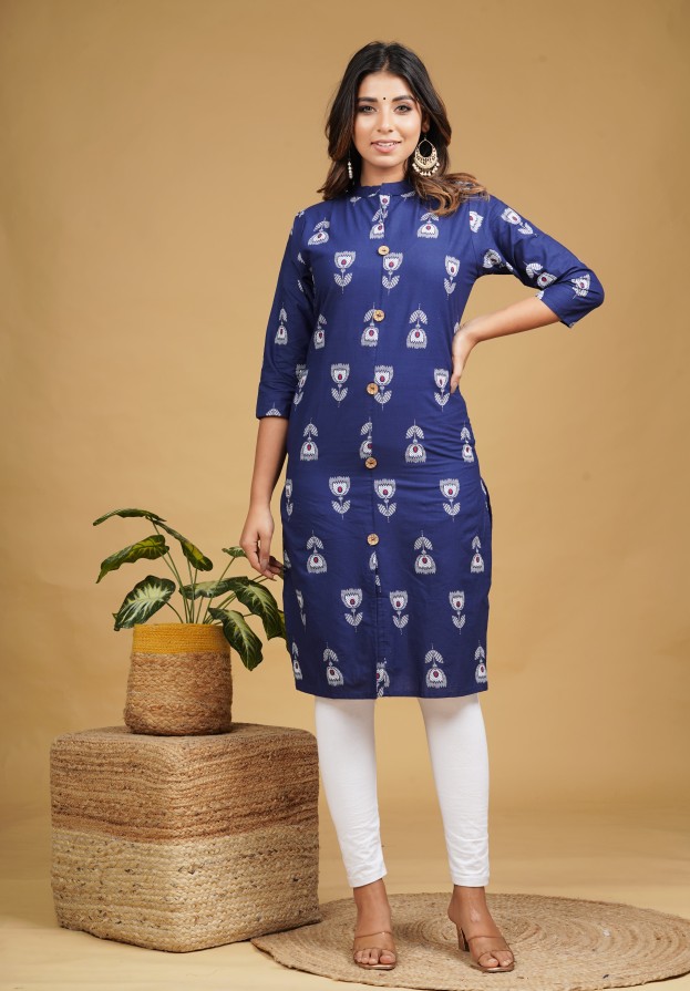 Women Printed Pure Cotton Straight Kurta  (Blue)