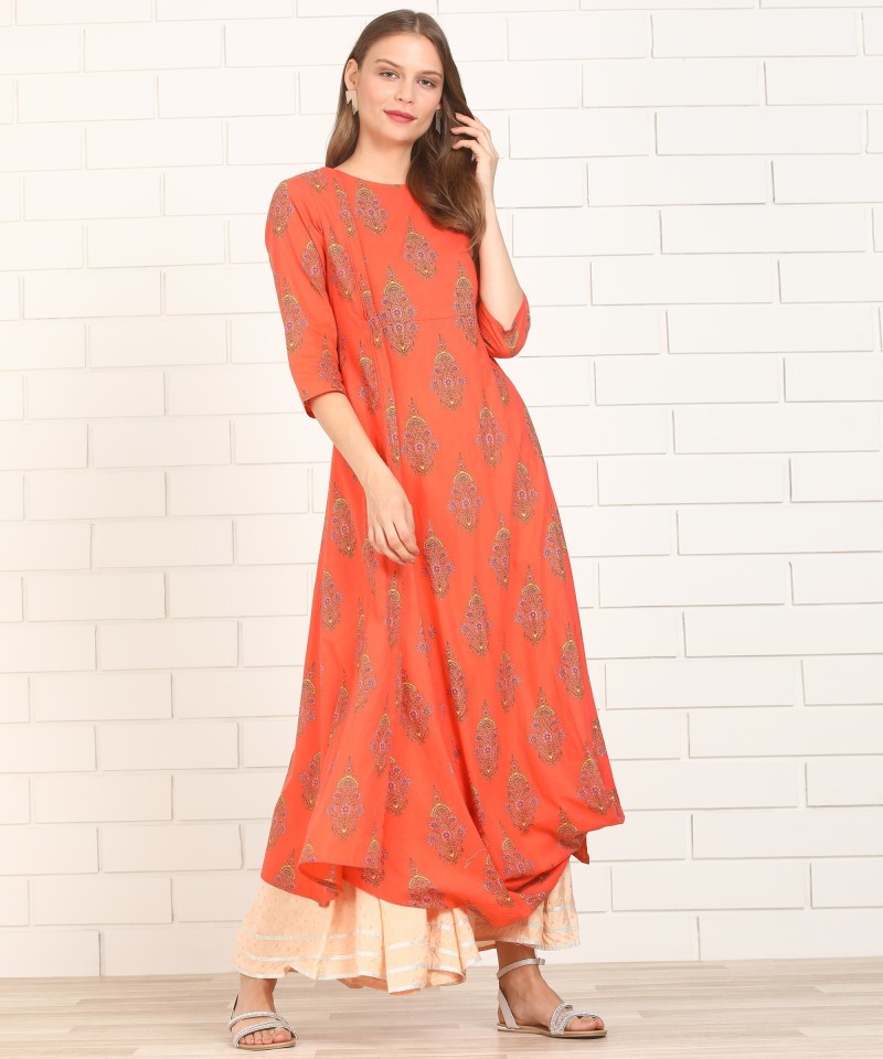 Floral Print Women Asymmetric Kurta  (Orange)