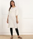 Women Striped Cotton Blend Straight Kurta  (Beige)