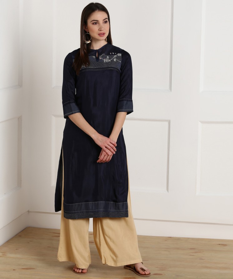 Women Embroidered Viscose Straight Kurta  (Dark Blue)