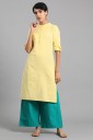 Women Self Design Cotton Blend Straight Kurta  (Yellow)