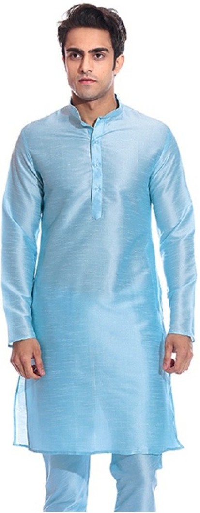 Men Solid Dupion Silk Straight Kurta  (Blue)
