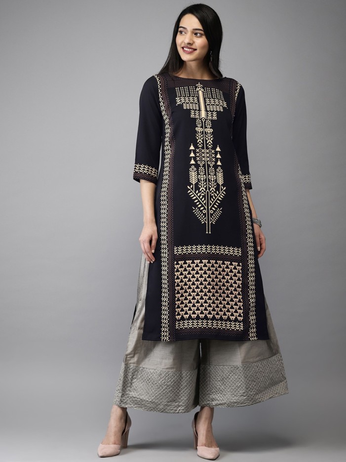 Women Printed Polyester Straight Kurta  (Black)