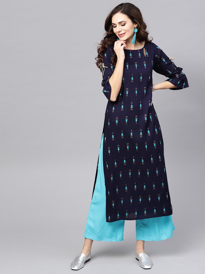 Women Printed Rayon Straight Kurta  (Dark Blue, Light Blue, Beige)