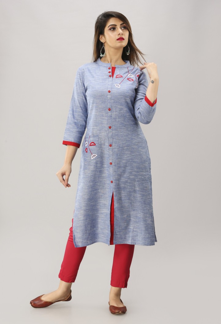 Women Resham Embroidery Pure Khadi Frontslit Kurta  (Blue)