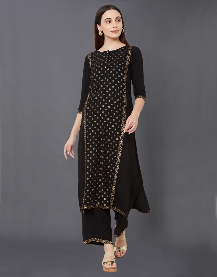Women Printed Rayon Straight Kurta  (Black)