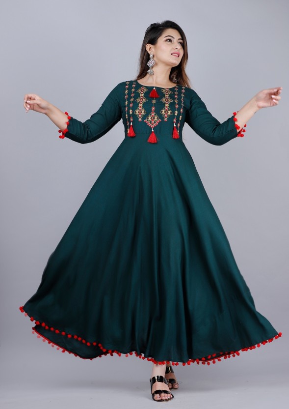 Women Embroidered Viscose Rayon Anarkali Kurta  (Green)