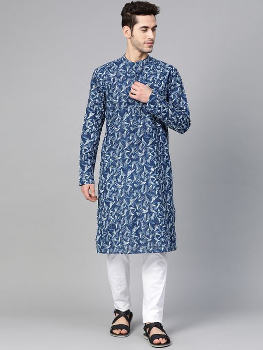 See Designs Men Printed Cotton Blend Straight Kurta (Blue)