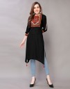 Women Printed, Block Print, Geometric Print, Embellished Viscose Rayon Trail Cut Kurta  (Black)