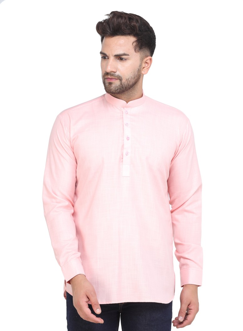 Men Solid Cotton Blend Straight Kurta  (Pink)