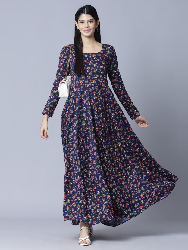 Women Floral Print Viscose Rayon Anarkali Kurta  (Dark Blue)