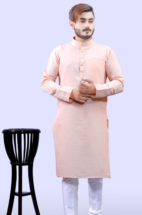 Men Solid Cotton Blend Straight Kurta  (Beige)