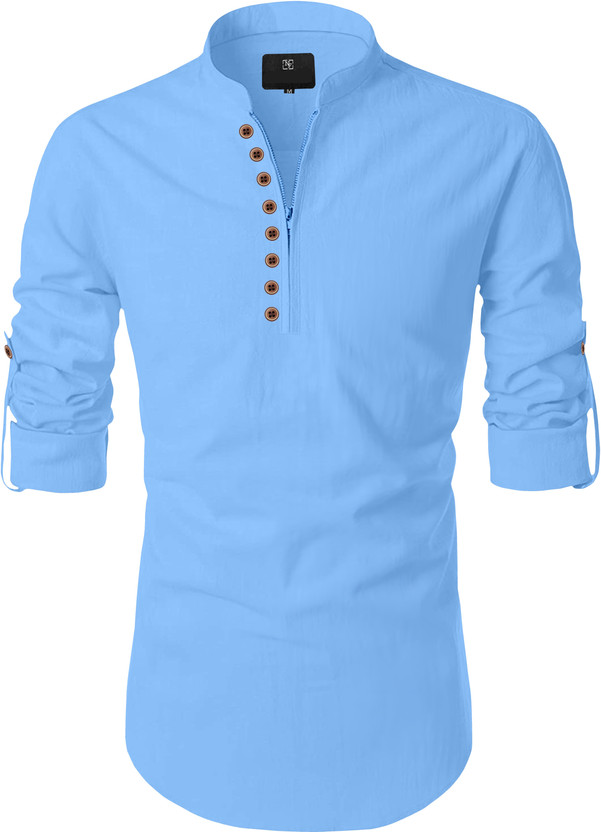 Men Solid Pure Cotton Straight Kurta  (Light Blue)