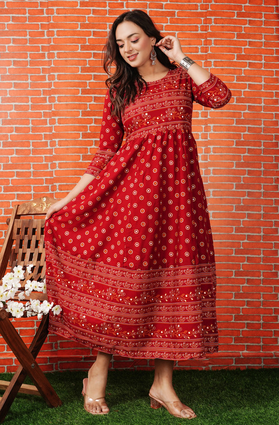 Women Printed Cotton Rayon Anarkali Kurta  (Maroon)