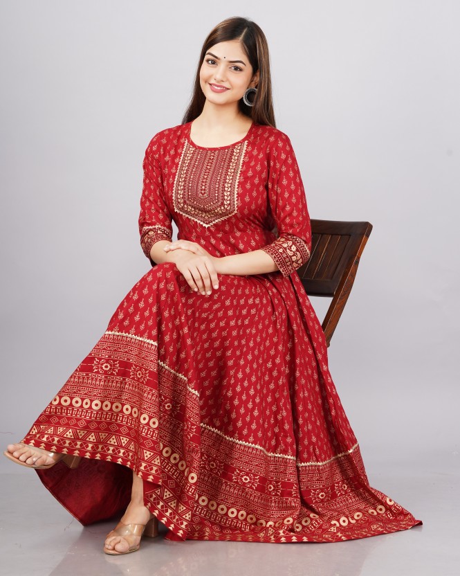 Women Floral Print Viscose Rayon Flared Kurta  (Maroon)