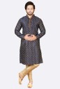 Men Block Print Dupion Silk Straight Kurta  (Dark Blue)