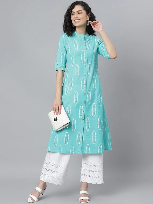 Women Printed Viscose Rayon A-line Kurta  (Light Blue, White)